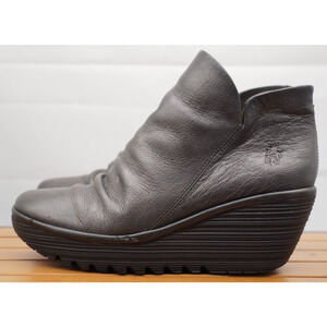 Fly London Yip Wedge Ankle Boots Lead Metallic Platform Booties Pewter Ruched 40